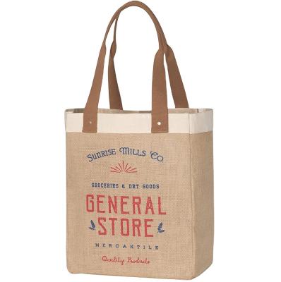 China Hot Sale Handled Custom Logo Now Designs Burlap Market Tote, Reusable Burlap Market Bag for sale