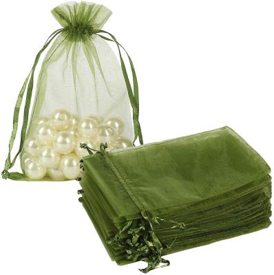 China Recyclable Organza Olive Green Drawstring Bags, Mesh Gift Bags Jewelry Christmas Pouches 4 x 6 Inch Small Candy Pouches for sale