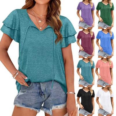 China 2023 Europe and America double layer cotton solid color summer breathable V-neck fashion loose ladies short-sleeved T-shirt for sale