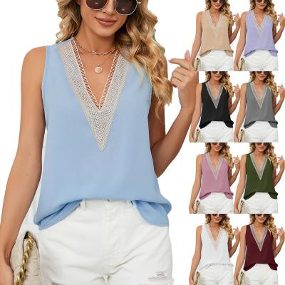 China 2023 Europe and America summer breathable solid color T-shirt sleeveless top female loose V-neck chiffon shirt for sale