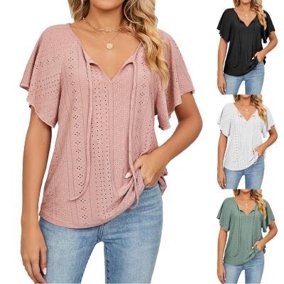 China The 2023 Europe and America breathable spring lace-up short-sleeved loose T-shirt and summer solid color hot V-neck tops ladies wholesale for sale