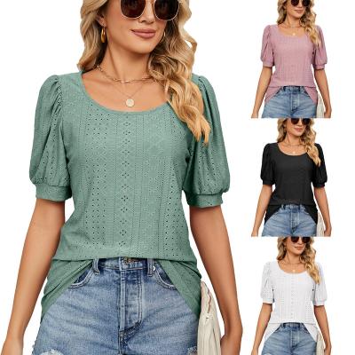 China Breathable Casual Round Hollow Out Bubble Sleeve Solid Color Brand Women's Summer Loose T-Shirt for sale