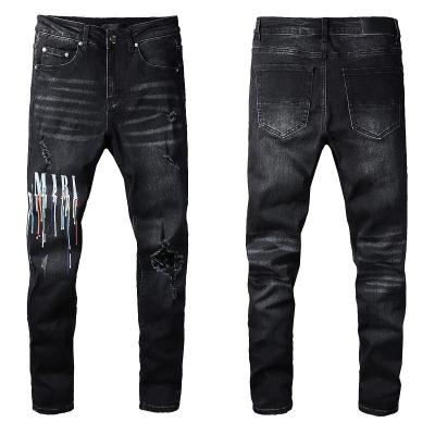 China Breathable Hot Jeans Fashion Personality Street Spray Paint Dazzle Letters Black Jeans for sale