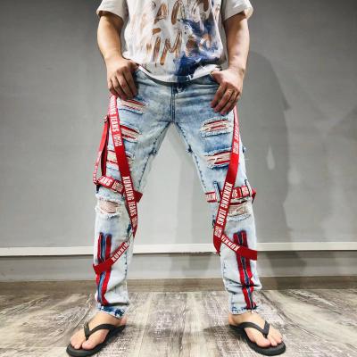 China Wholesale breathable Europe and the United States men's trend patch strap jeans hole men's small broken foot thin zipper for sale