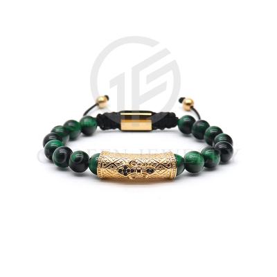 China Fashion 316L Stainless Steel Trendy Jewelry Green Tiger Eye Stone Beaded Men Charm Bracelet for sale