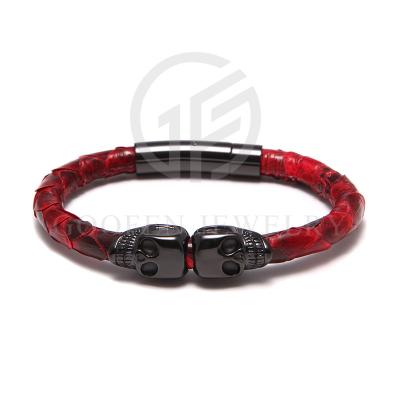 China FASHIONABLE Luxury Stainless Steel Skull Bracelet Real Skin Python Snake Leather Bracelet for sale