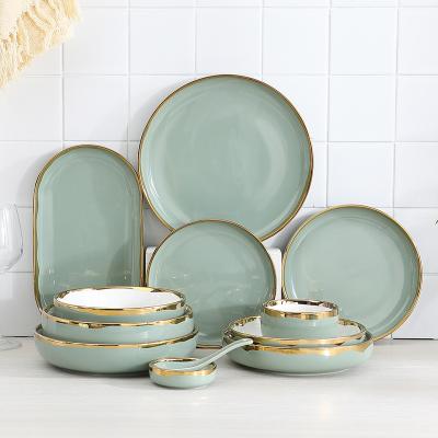 China Viable Wholesale Gold Rim Tableware Porcelain Blue Fancy Designer Dishes Ceramics Plates Ceramic Bowl Sets Tableware for sale