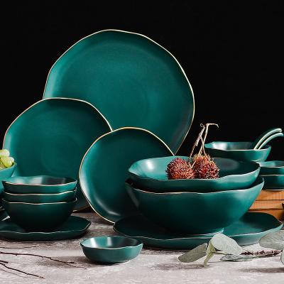 China Wholesale Factory Price New Design Stocked Tableware Green Color Glazed Ceramic Western Fish Dish Food Dinner Dish Bowl Set for sale