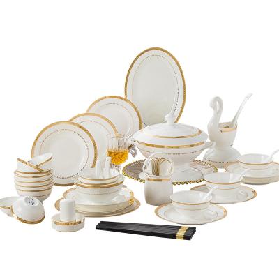 China 60PCS Bone China Gold Rim Bone China Dinnerware Set Stocked White Dinnerware Set Soup Bowl Salad Bowl Dish for sale