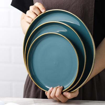 China Unique Design Dinnerware Stocked Brilliant Set With Gold Rim Round Shape Porcelain Green Deep Dish Salad Rice Soup Shallow Bowl for sale