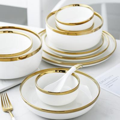 China Gold Luxury Decorative Rim Bone China Dinnerware Load Dish Soup Bowl White Stocked Spoon for Restaurants for sale