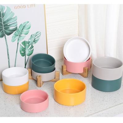 China Manufacturer Custom Multi Colors Wood Frame Pet Cat Dog Stocked Matted Ceramic Bowl for sale