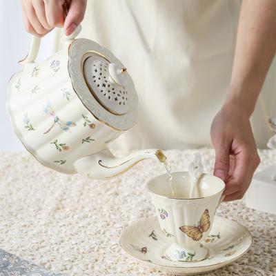 China Eco-friendly Luxury Custom Vintage Butterfly Flower England Tea Pot Coffee Cup Saucer Exquisite Ceramic Tea Set Garden Eco-Friendly for sale