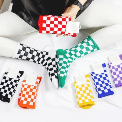 China New Trend Check Pattern Anti-skid Tube Socks Comfortable Casual Plaid Socks Women Cotton for sale