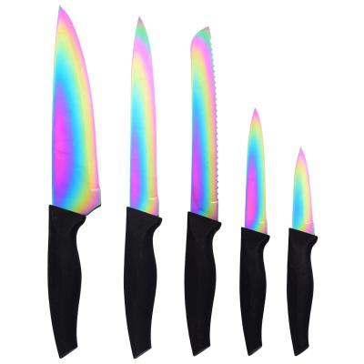 China Viable Factory Direct Supply Titanium Coated Colorful 5 Pcs Stainless Steel Kitchen Knife Set With PP Handle for sale