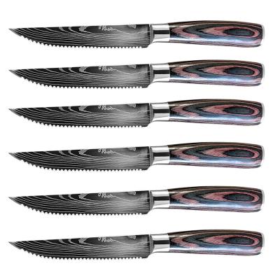 China Stocked Ergonomic Steak Knife Pakka Handle 6 Pcs Premium Serrated Wood Steak Knife Set With Damascus Pattern for sale