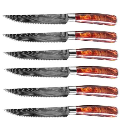 China Amazon Stocked Hot Sales Custom Damascus Pattern Knives Resin Handle 6 Pcs Kitchen Steak Knife Set for sale