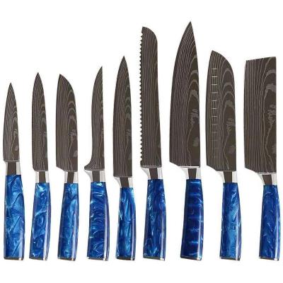 China Viable Blue Chef Knife Amazon Best Seller Resin Handle Kitchen Cutlery Set With Damascus Pattern for sale