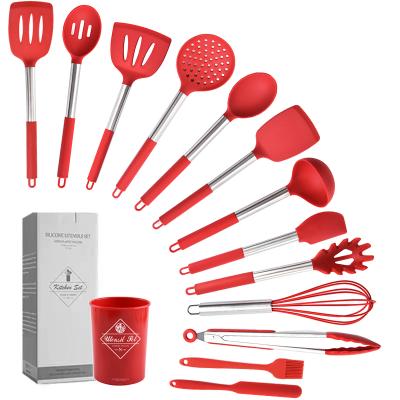 China Stocked High Quality 14 Piece Silicone Kitchen Utensils Sets With Stainless Steel Handle for sale