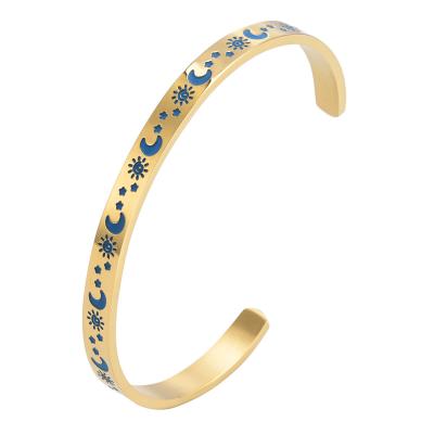 China FASHIONABLE New Arrival 18K Gold Plated Stainless Steel Moon And Star Open Cuff Bangle Bracelet For Women for sale