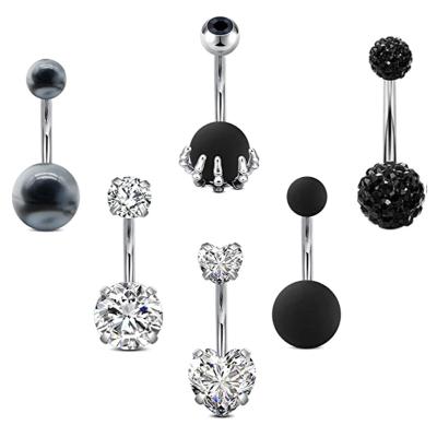 China Fashionable 6Pcs 316L Stainless Steel Surgical Navel Rings Heart Diamond Zircon Belly Rings Colorful For Women for sale