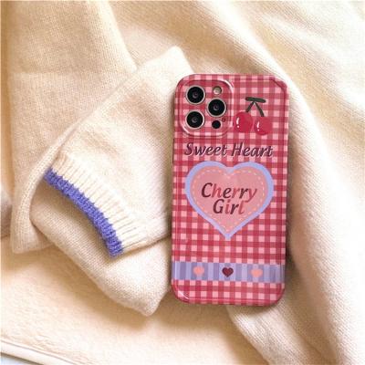 China Cute Pink Anti-fall Lattice Cherry Phone Case For iphone 12 11 pro 7 8 2020 Max Plus Max Se X XR XS Soft Cover For iphone 13 pro Max Funda for sale