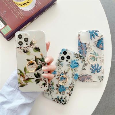 China Anti-fall Luxury Electroplate Flowers Ring Holder Case For IPhone13 11 pro 12 mini 13 max XR X XS 7 8 max plus Clear Silicone Cover Funda for sale