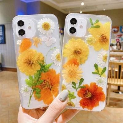 China Real Dry Anti-fall Flower TPU Transparent Soft Back Cover Phone Case For iPhone 11 12 XR XS Max X XS 7 8 Plus for sale