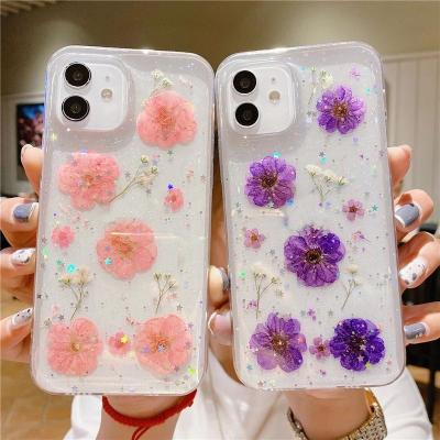 China Transparent Dry Anti-drop Flower Phone Case For iPhone 12 11 Pro XR Max XS X Max 7 8 Plus 12 Glitter Flower Mini 11 Real Soft Back Cover for sale