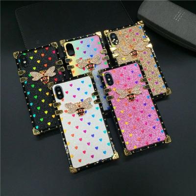 China Luxury Square Anti-drop Case For iPhone 13 12 PRO Max X XS XR Fashion Heart Glitter Bee Cover Phone Case For iphone 11 PRO max 7 8 plus for sale