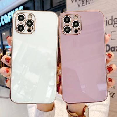 China Drop Plated Glass Phone Case For iPhone13 X 11 12 Pro XS Max 7 8 Max Plus Candy Color Shockproof Bumper Plating Back Cover for sale