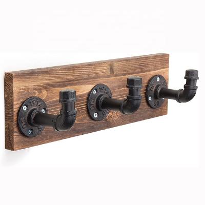 China Sustainable Burnt Wood Wall Mount Coat Hook Rack And Hat Rack With 3 Hooks Pipe Mounting Design for sale