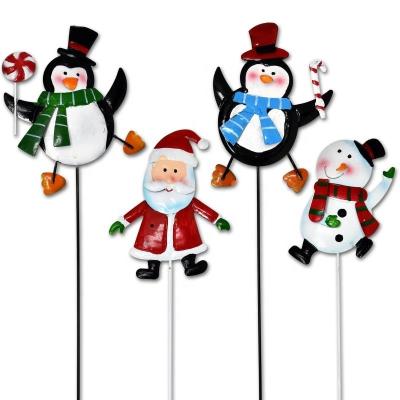 China Traditional Christmas Yard Garden Stakes Decor Set of 4 Cheerful Characters 2 Penguins Snowman and Santa Claus Metal Signs for Home Outdoor for sale