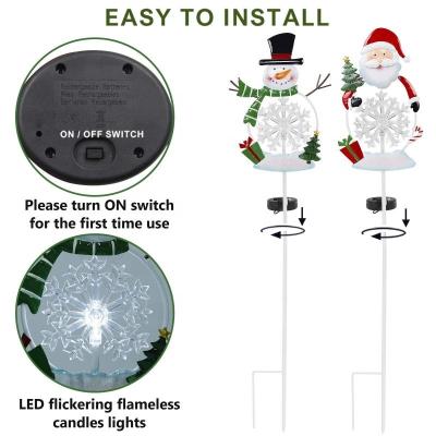 China Traditional Outdoor Solar Powered LED Snowflake Christmas Pathway Lights, Snowman Santa Christmas Lawn Yard Ornament, Metal Garden Stake Set of 2 for sale