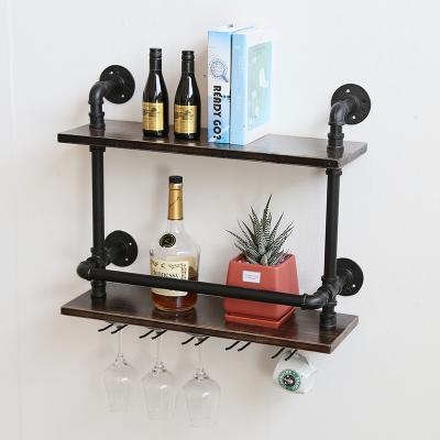 China Traditional Industrial Pipe Wine Racks Wall Mounted and Rustic Wall Shelf with Real She Stand Glass Wood Steam Punk Pipe for sale