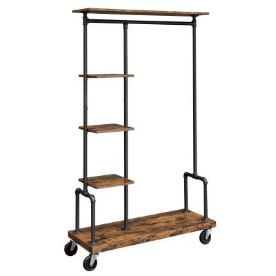 China Traditional Clothes Rack Garment Rack On Wheels Rolling Clothes Organizer With Pipe 5-Tier Rustic Brown Industrial Style for sale