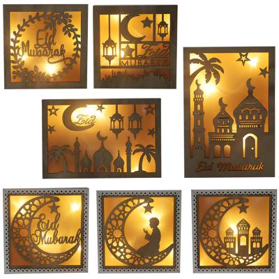 China Hot Selling Nicro LED Light Rectangle Square 3D Ramadan Crafts Decoration Eid Mubarak Party Wooden Crafts Picture Muslim Islam Sale for sale