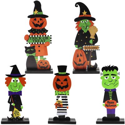 China Laser Cut Wooden Halloween Ornaments Wooden Crafts Pumpkin Desktop Decorative Man Witch Ornaments For Home Party Supplies for sale