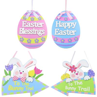 China New Easter Laser Cut Crafts Rabbit Eggs Garden Indicator Wooden Door Wall Hanging Spring Party Hanging Decorations for sale