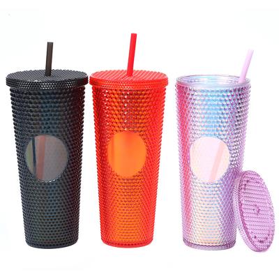 China 2022 Amazon Best Selling 16 Viable 24oz Cold Coffee Mug Cups Double Wall Plastic Matte Stud Tumbler Iridescent With Straw Summer for sale