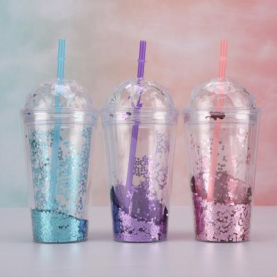 China 401-500ml Double Layer Viable Plastic Straw Cup Summer Sequined Straight Straw Cup Factory Creative Cute Wholesale for sale