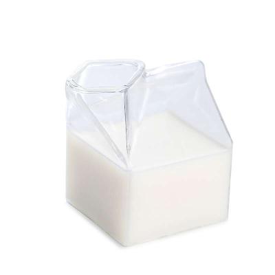 China Viable Seaygift Customized Creative Simple Square Shaped Clear Glass Box Milktea Glass Cup Milk Carton Drinks Cups for sale