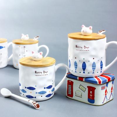 China Seaygift Porcelain 3d Cute Cat Viable Crafts Wholesale Ceramic Travel Coffee Mug Stoneware Mugs With Spoon for sale