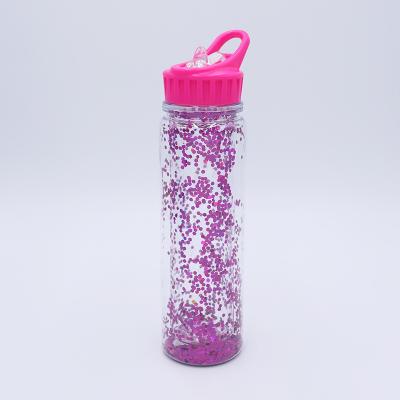 China Seaygift Viable High Quality Confetti Glitter Double Wall Plastic Sport Drinking Water Bottle With Straw For Outdoor for sale