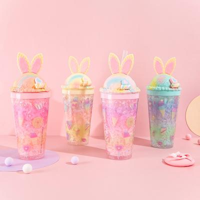 China Seaygift viable hot selling double wall color gradient twinkle plastic drinking water cup tumnler cup with lids and straws for sale