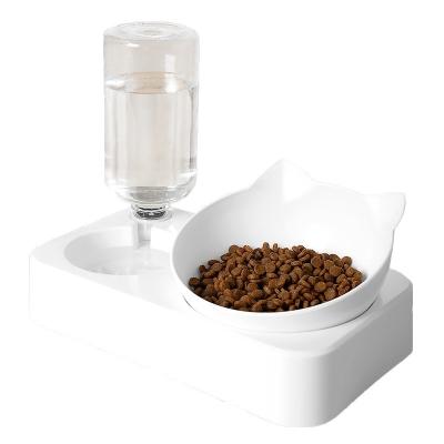 China Sustainable Automatic Pet Feeder Double Bowl Drinking Raised Rack Dish Bowls Dog Cat Food Bowl With Water Dispenser for sale