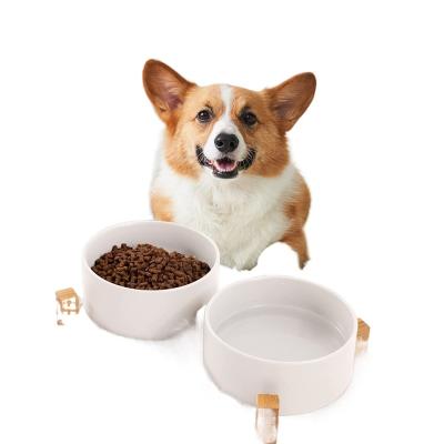 China Sustainable Expanded Dog Food Water Bowl Set Ceramic Puppy Dog Bowl With Wooden Stand Non-Slip White Pet Bowls Dog And Cat for sale