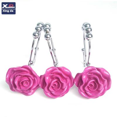 China New Beautiful Style Resin Rose Flower Metal Rust Resistant Rollballs Double-Ring Durable Shower Curtain Hook for sale