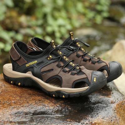 China Flat Closed Toe Men Genuine Leather Sandals Mens Trekking Outdoor Rising Water Shoes Male Beach Sandals for sale