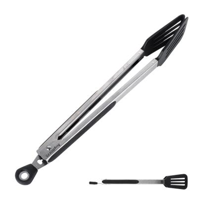 China Durable 9 Inch Metal Handle Non-Stick Nylon Kitchen Grill Utensils Locking Food Spatula Tongs for sale